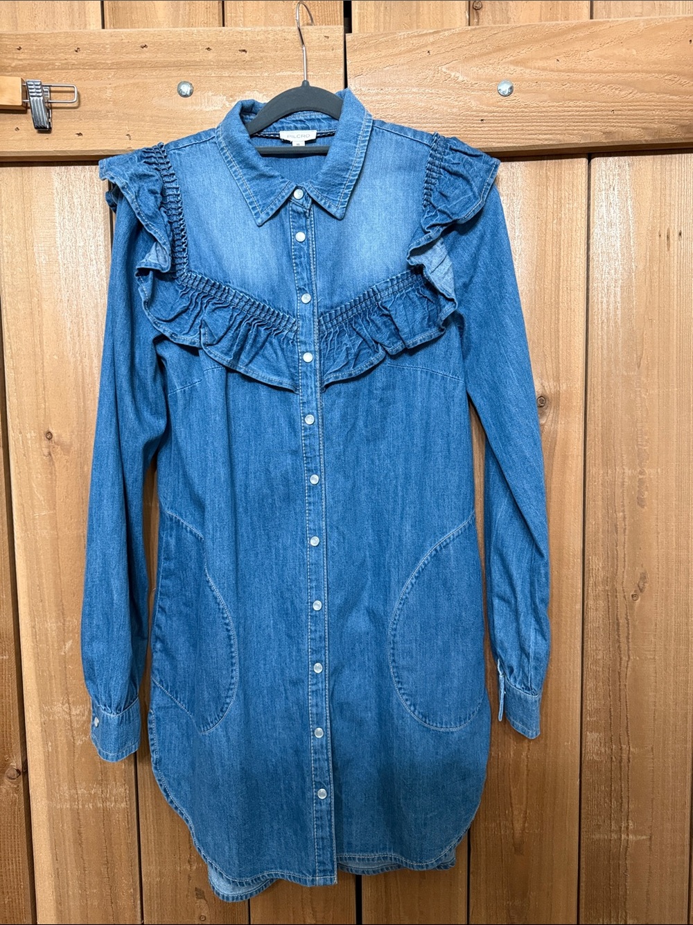 NWOT~Anthropologie Pilcro Long-Sleeved Ruffled Denim Mini shirt Dress ~XS